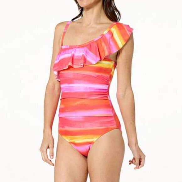 kathy ireland Other - Kathy Ireland Pink Orange Ombre Ruffle One Shoulder Swim Suit Bathing Suit 10